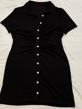 WAYF Anthropologie Black Ruched Button Front Mini Dress XL